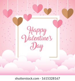 valentine card between clouds and hanging hearts. vector design