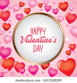 valentine card between colorful hearts and circular shape frame. vector illustration