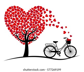 Valentine card. Bicycle and love Tree