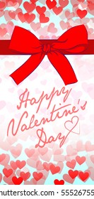 valentine card with big red bow and small hearts as background, vector illustration