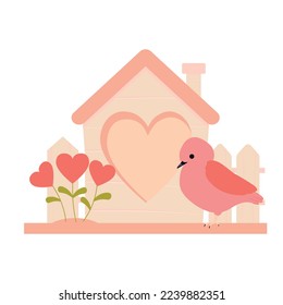 Valentine card. Birdhouse vector stock illustration. A bird in love. love and romance. Spring. Isolated on a white background.