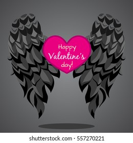 Valentine card with black wings and pink heart - sign Happy Valentine's day! Vector illustration
