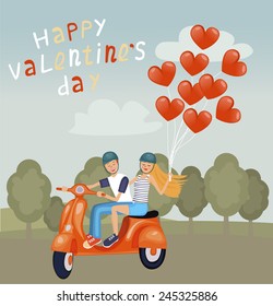 Valentine card - Boy with a girl on a scooter - Illustration