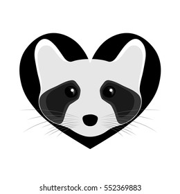 Valentine card. B&W raccoon in heart.