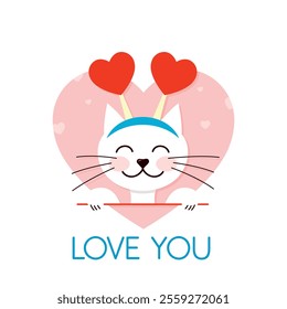 Valentine card with a cat and love you text, white kitty with heart headband on, festive t-shirt, sticker, greeting card design, vector illustration