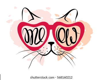 Valentine card -- cat lover / Vector illustration, print, background with funny cat in glasses