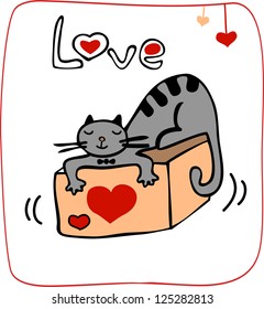 valentine card with cat lying on the gift