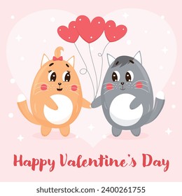 Valentine card with cats and hearts balloons in cartoon style Couple cats in love Vector illustration