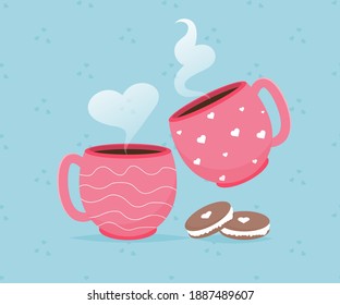 Valentine card with coffee cups macaroon dessert. Love you. Romantic holiday Valentine Day poster or greeting card. Gift invitation concept. Cute heart design. Happy valentines day concept. Vector