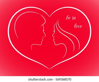 Valentine card with contour female and male profile faces in heart