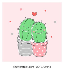 Valentine card. Couple of cute cacti in a flowerpot. Valentine's Day.  Vector characters for postcards and stickers.