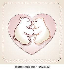 Valentine card with couple of hugging bears in heart on the beige background. Vector illustration.