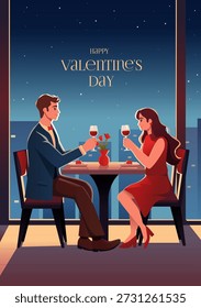 Valentine Card. Couple Talking and Drinking Wine in Restaurant, Romantic Dinner. Dating Couple Scene. Love story. Vector illustration.