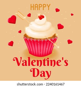 Valentine card with cupcake with cream pierced by cupid's arrow. Postcard on February 14. The concept of celebrating Valentine's Day. Vector illustration.