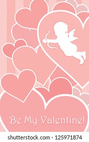 Valentine card with cupid, hearts and copy space. Separate layers