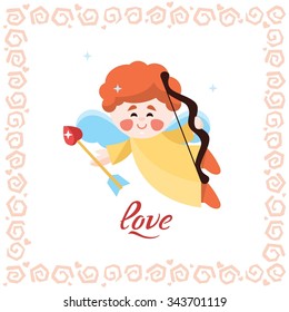 Valentine card, cupid on white background with hand made lettering