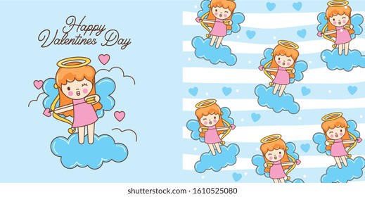 valentine card with cute angel cartoon and pattern card. vector illustration