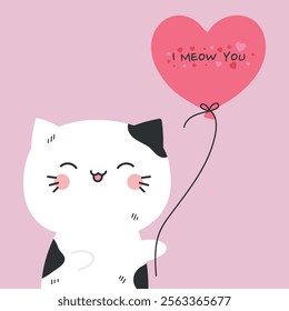 Valentine card with cute black and white cat holding a heart shaped balloon. I meow you. Valentines Day. Vector illustration