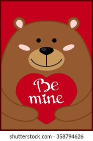 Valentine card with cute brown bear holding "be mine"sign.
