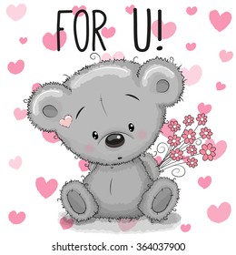 Valentine card Cute Cartoon Bear with flowers on a heart background
