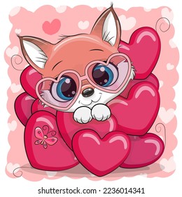 Valentine card with Cute Cartoon Fox in hearts