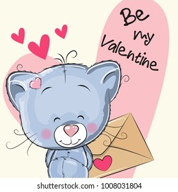 Valentine card with cute cartoon Kitten holding envelope