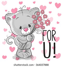 Valentine card Cute Cartoon Kitten with flowers on a heart background
