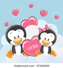 Valentine card with Cute Cartoon Lovers Penguins