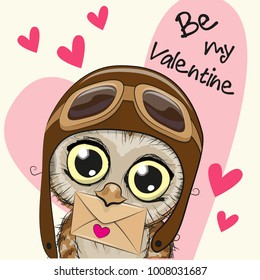 Valentine card with cute cartoon Owl holding envelope