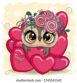 Valentine card with Cute Cartoon Owl in hearts