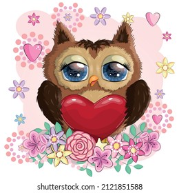 Valentine card with Cute Cartoon Owl with heart and flovers