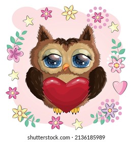 Valentine card with Cute Cartoon Owl with heart and flovers