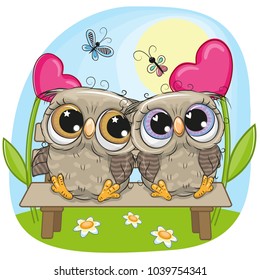 Valentine card with Cute Cartoon Owls on a bench