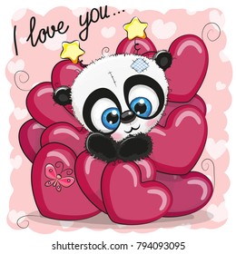 Valentine card with Cute Cartoon Panda in hearts
