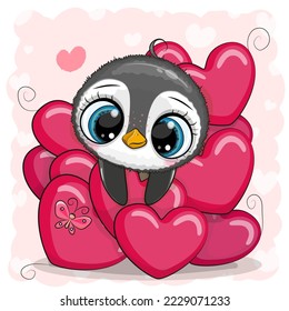 Valentine card with Cute Cartoon Penguin in hearts