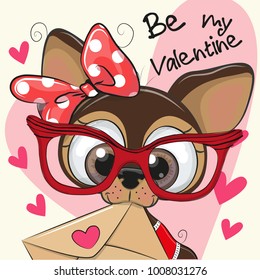 Valentine card with cute cartoon Puppy holding envelope