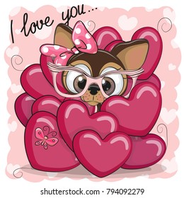 Valentine card with Cute Cartoon Puppy Girl in hearts