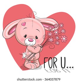 Valentine card Cute Cartoon Rabbit with flowers on a heart background
