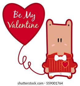 Valentine card with a cute cartoon in red shirt with bright bow tie is keeping valentines heart balloon - sign Be My valentine. Vector illustration