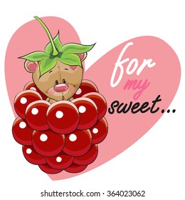 Valentine Card Cute Cartoon Teddy Bear in a raspberry