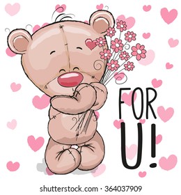 Valentine card Cute Cartoon Teddy Bear with flowers on a heart background
