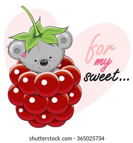 Valentine Card Cute Cartoon Teddy Bear in a raspberry