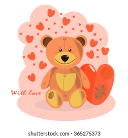 Valentine card Cute Cartoon Teddy Bear  on a heart background