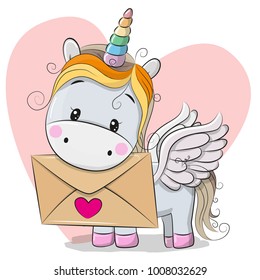 Valentine card with cute cartoon Unicorn holding envelope