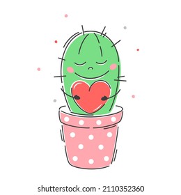 Valentine card. Cute character cactus with a heart in his hands. Valentine's Day.  Vector characters for postcards and stickers.