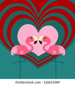 Valentine card with cute couple flamingo with heart graphic