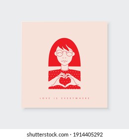 Valentine card with cute girl. Hand heart shape. Vector illustration in pink, red colors with romantic quote about love. Valentines Day design. Posters, stickers, cards and social media congrats.