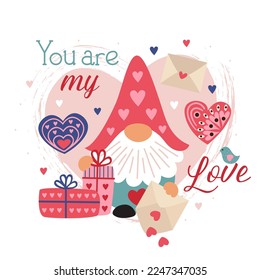 valentine card with cute gnome with love letter