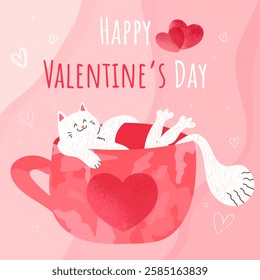 Valentine card with cute hand drawn white cat in a cup with heart. Cute cat in love. Vector template, cover, invitation