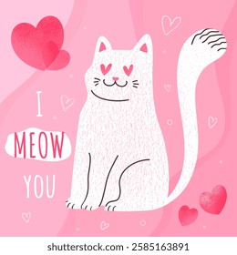 Valentine card with cute hand drawn white cat. I meow you. Cute cat in love. Vector template, cover, invitation